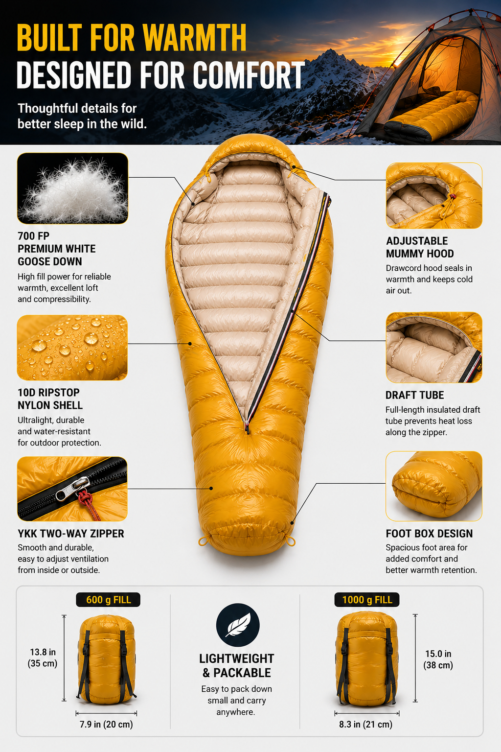 700 FP Goose Down Sleeping Bag for Winter Camping | SMTALG
